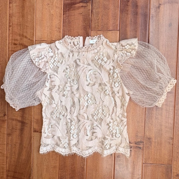 Vintage Lace High-Neck Puff-Sleeve Blouse by Peach Womens S Blush-Pink - Picture 3 of 12